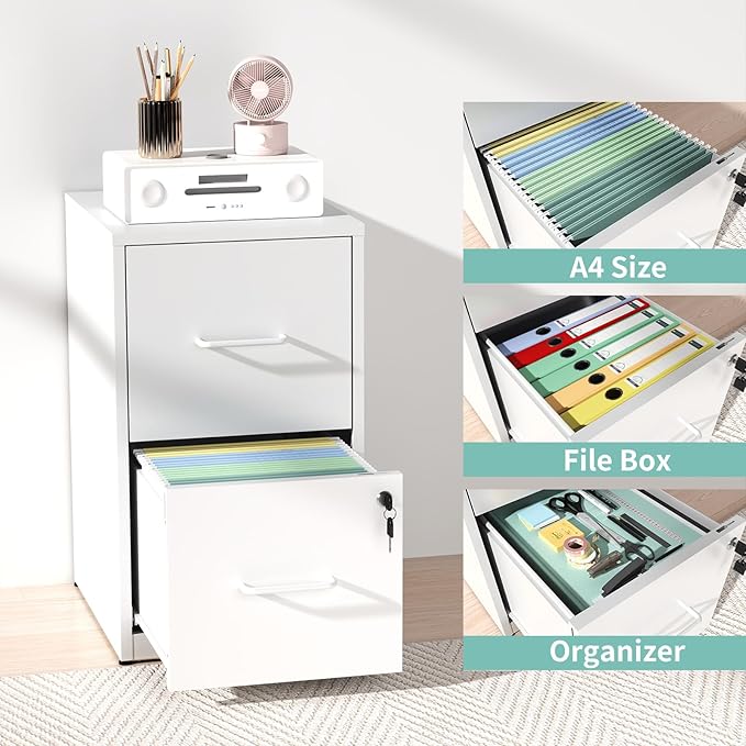 AQY 2 Drawer Filing Cabinet with Lock, Metal White File Cabinet for Home Office, 18" Deep Vertical Storage Drawer for Hanging A4/Letter/Legal Size Files, Assembly Required