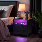 27 Inch Wide Night Stand, Large Wood Night Stand Set 2 with 2 Drawers, LED Nightstand with Charging Station and Adjustable Drawer, Bedside Table for Living Room/Bedroom/Study/Office, Black.