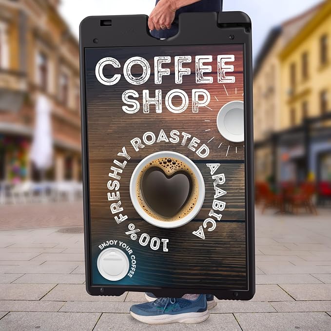 Jumbl Outdoor A-Frame Sandwich Signboard 24” x 36” Display Surface – w/PVC Sign Protector & Sand Fill Holes – Duel Display Signage Stand for Storefront Sidewalk Curb (Black)