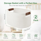 Cotton Rope Basket, Storage Baskets with Handle, 15x10x9 Inch Woven Basket for Shelves, Laundry, Towels, Clothes, Books (White 2Pack)