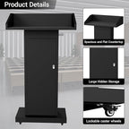 Tredre Podium Stand with Wheels for Lectern Presentation, Heavy-Duty Metal Pulpits for Offices, Classrooms, Conferences and Churches, Scratch-Resistant Surface, Hidden 2-Tier Storage, 46.5”H Black