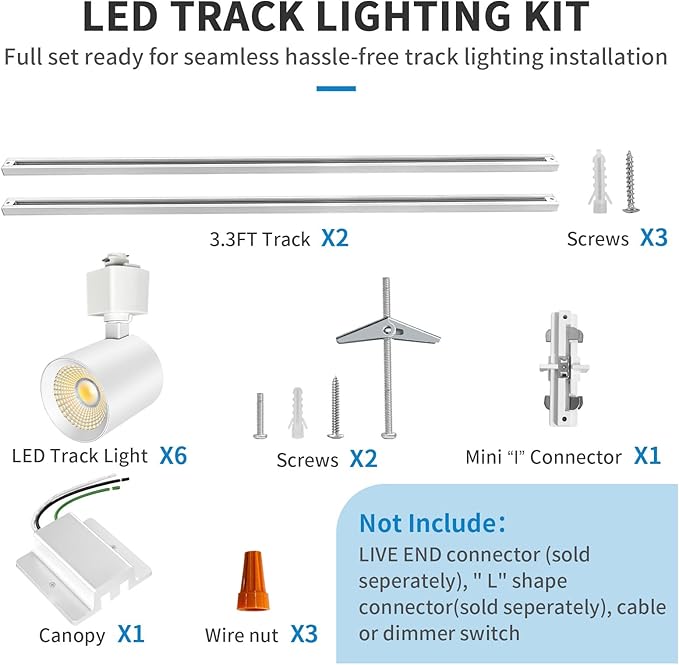 6-Light LED Track Lighting Kit with 6.6FT H Type Track Lighting Rail, Dimmable Track Lights Modern Kitchen Track Lighting Fixtures Ceiling Spot Light 2700K-5000K, CRI90+, 36° Beam 10W 800lm, White