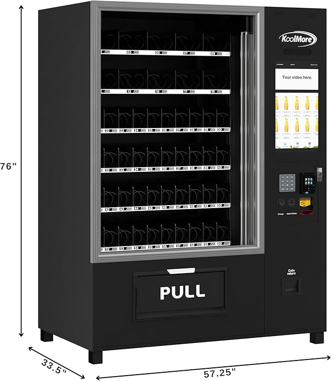 KoolMore Snack Vending Machine with 21.5 in. Touch Display, 66 Slots and Elevator-Lift Dispensing, Refrigerated, Bill Acceptor & Credit Card Reader with Connectivity in Black