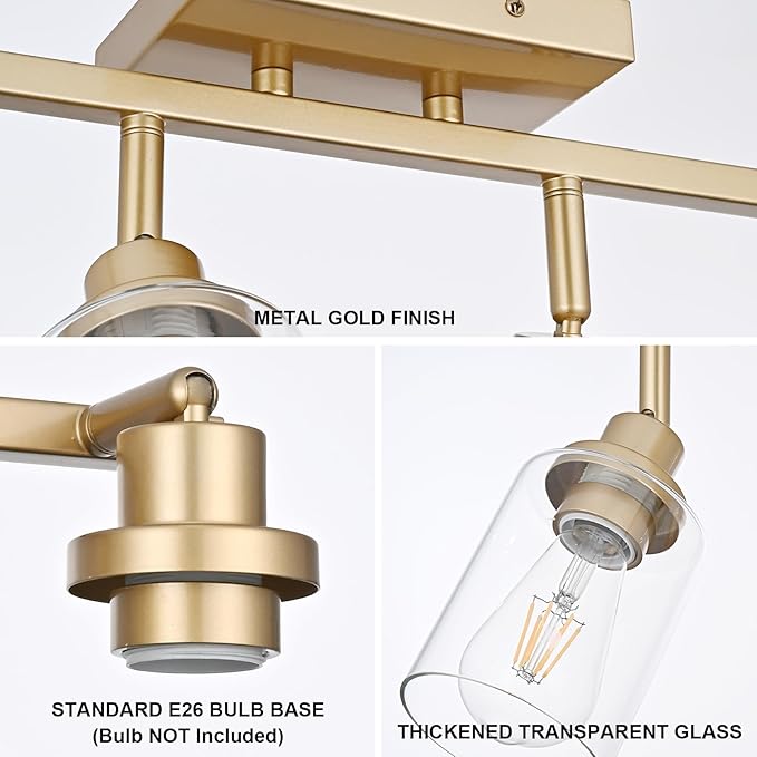 2-Light Track Lighting Fixtures Gold Finish, Multi-Directional Rotating Ceiling Tracking Lights with Clear Glass, Modern Bathroom Wall Vanity Lights Track Lighting Kits for Kitchen Accent Shop