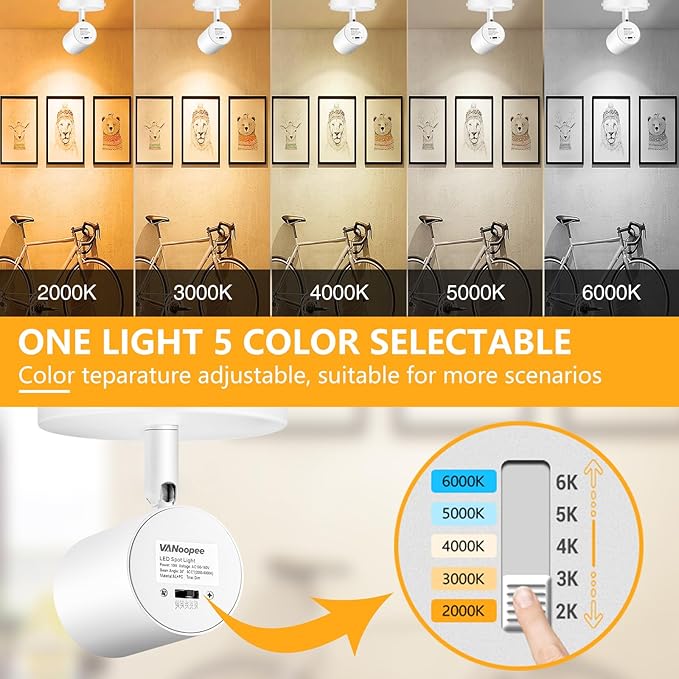 VANoopee 5-Color Dimmable Ceiling Spotlight Flush Mount Adjustable Directional LED Spot Lights Indoor Bright Accent Fixture for Art Picture Living Room Bedroom - CRI90 24° Flicker Free 10W 800lm White
