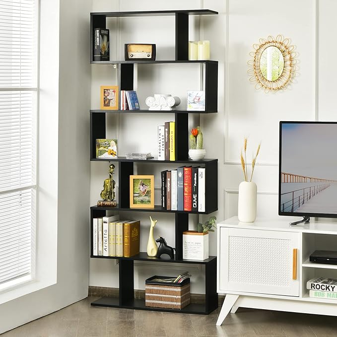 Tangkula 6 Tier S Shaped Bookshelf, 31.5''L x 9''W x 75''H, Wooden Bookcase and Bookshelves w/Anti-Toppling Device, Room Divider Display Shelves for Living Room, Home Decor, 6 Shelf Bookshelf