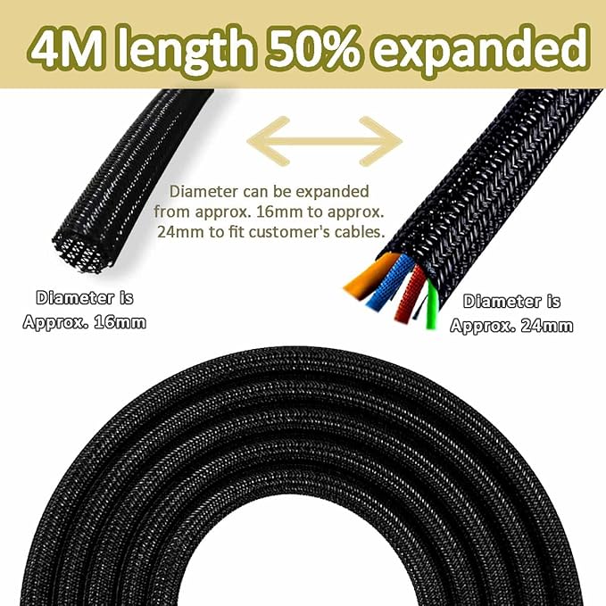 13 1/8ft -5/8Inch Cable Management Sleeve Split Black Cord Protectors Cat Dog Pet Proof - Braided Self-Closing Wire Loom Tubing for Desk PC/TV/Computer/Home Theater/Engine Bay Wire Organizing