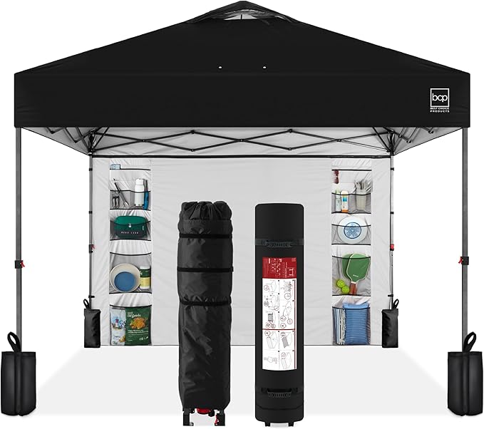 Best Choice Products 10x10ft Easy Pop Up Canopy w/Side Wall, 10 Pockets, Portable Carrying Case, 1-Button Setup, 4 Weight Bags - Black