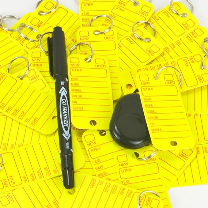 200 Pcs PVC Tags with Labels and Rings, Car Key Tags for Organization, Identifiers, and Luggage Tags with 2 Pcs Markers, Plastic Keychain Tags for Car, Truck, and Dealer Use (Yellow)
