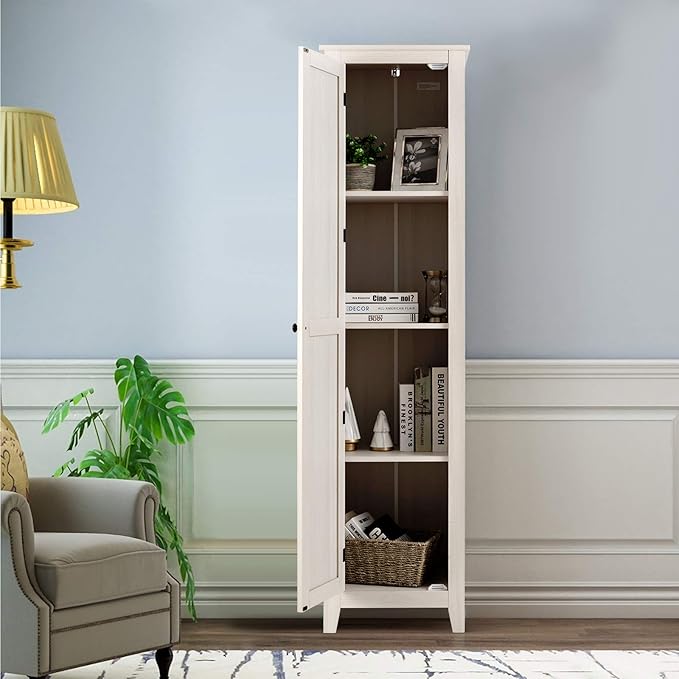 Giantex Tall Storage Cabinet Freestanding Floor Storage Tower with Four Shelves and Single Door, 17x16x72 Inch, Narrow Utility Cabinet for Living Room, Bathroom (Grayish White)