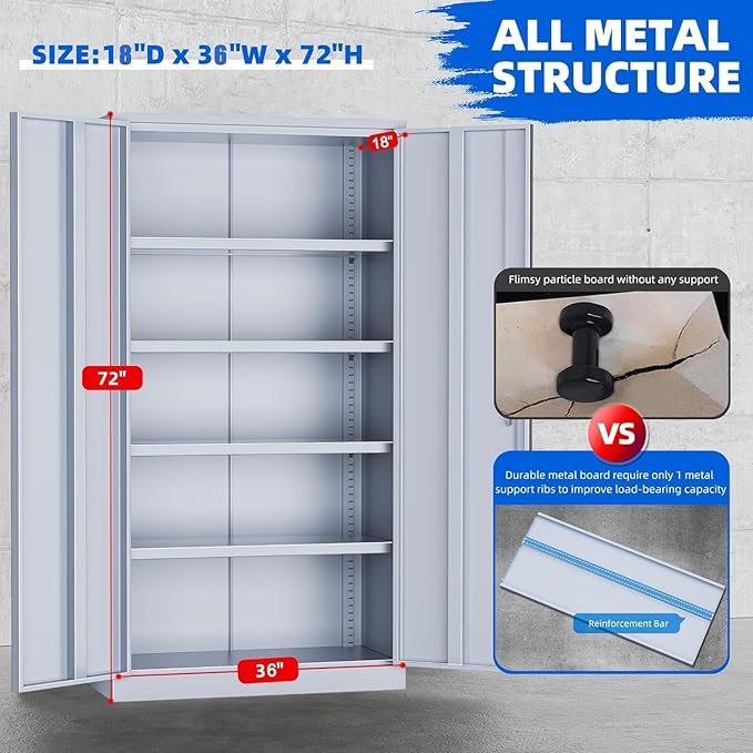 INTERGREAT Metal Garage Storage Cabinet with Lock, 72" Storage Cabinet with Locking Doors and 4 Adjustable Shelves, Lockable Steel Tool Cabinet for Home Office, School, Cement Grey