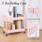 Pink 2 Tier Rolling Cart Metal with Wheels Under Desk Storage Cart for Small Space Organization, Small Trolley for Pantry Room Laundry Bathroom Kitchen Office Art Snack Baby Supplies