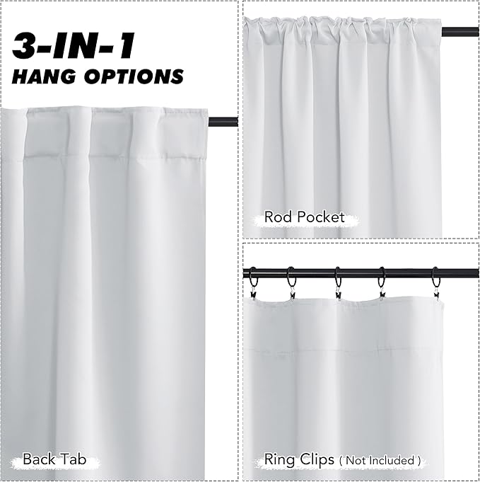 KGORGE Room Darkening Curtains 45 inch Length, Privacy Energy Efficiency Curtains Window Treatment for Bathroom Dining Room Basement, Back Tab, W52 x L45 inches, Greyish White, 2 Panels