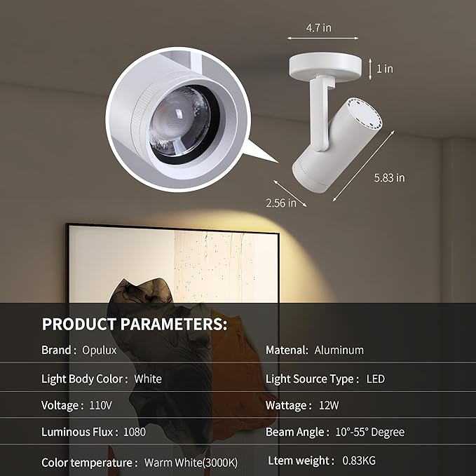 12W LED Dimmable Zoomable Ceiling Spotlight Indoor – Adjustable Wall Surface Mount Accent Light for Home Corridor, Picture, Plants & Painting | Warm White 3000K CRI 97, Flicker-Free, White