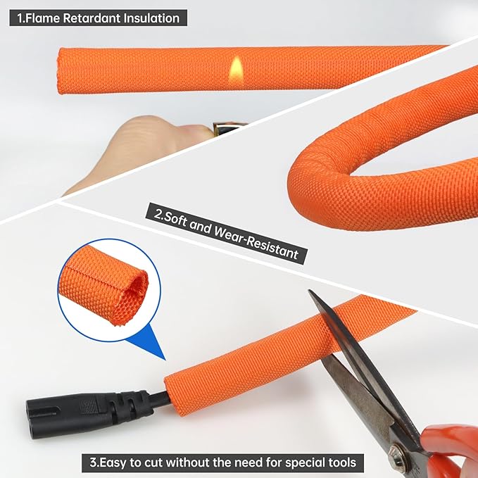 Split Braided Cable Sleeve，Flexible Wire Loom Tubing, Automotive Cord Protector Pet Proof, Cable Management for Computer TV Electric Wires Harness 16ft (Orange, 5mm（3/16")