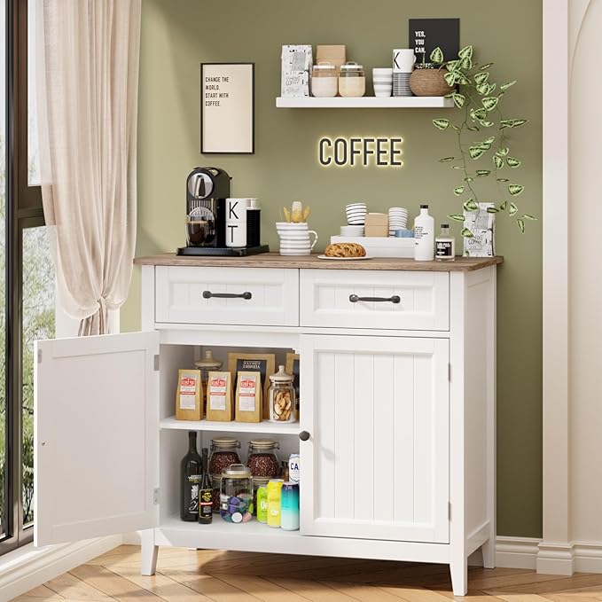 Gizoon Kitchen Sideboard Buffet Cabinet, 32'' H Large Kitchen Storage Island and Adjustable Shelf, Modern Coffee Bar Console Cabinet for Dining Room, Bathroom, Entryway, Grey