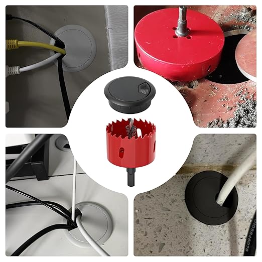 8Pcs 2-3/8" (60 mm) Black Desk Grommet, Plastic Grommet with Hole Saw, Desk Wire Grommet with Hook and Loop Tape