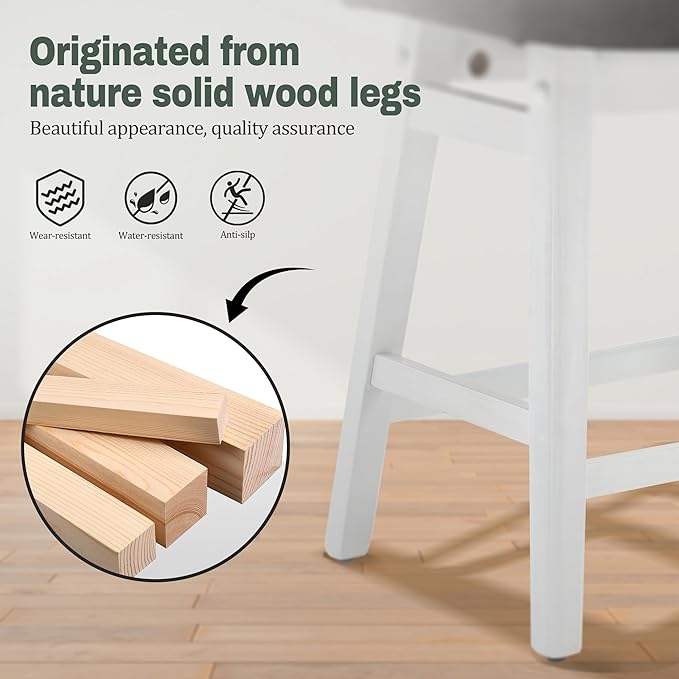 Counter Height Bar Stools Set of 4 for Kitchen Counter Farmhouse Modern Barstools with Faux Leather Upholstered Backless Seat and Solid Wood Legs 24 inch Bar Chairs, Grey + White