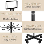 Retail Display Stand Store Display Rack 6 Tier Metal Spinning Display Stand Rack with Wheels Keychain Jewelry Stocking Hat Stand with Hooks for Malls, Showroom, Retail Store (6 Tier Black)