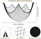 2 Pack Fish Net Decorations, 80x40 Inch Black Fishing Net Decor for Pirate Under The Sea Beach Theme Party, 3mm Thick Natural Cotton Versatile Nautical Netting for Wall Table Ceiling Halloween Decor