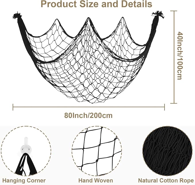 2 Pack Fish Net Decorations, 80x40 Inch Black Fishing Net Decor for Pirate Under The Sea Beach Theme Party, 3mm Thick Natural Cotton Versatile Nautical Netting for Wall Table Ceiling Halloween Decor
