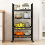 4-Tier Metal Rolling Cart with Removable Grid Shelves, Lockable Wheels & Handle for Kitchen, Bathroom, Office Storage, Black (Medium)