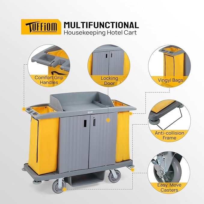 TUFFIOM Industrial Multifunctional Locking Hotel Cart, Commercial Traditional Cleaning Janitorial Room Service Housekeeping Cart, 51" H x 59" W x 20" D