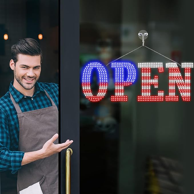 USA Flag 40"x14" Extra Large LED Open Signs for Business with Remote Controlled, 10 Levels Brightness Adjustable Unique Design Super Bright with Chain, High Visibility for Store Bar Hotel Retail Shop