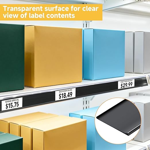 50 Pcs Shelf Label Strips 1.5''H x 48''L Self Adhesive Label Holder with 50 Pcs White Labels, Gondola Price Tag Holder Clear PVC Adhesive Ticket for Metal Wood Plastic Rack (Black)