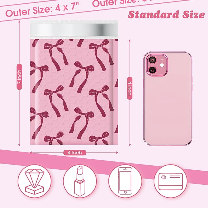 Fuxury Bubble Mailers 4x8 100 Pack, Pink Bows Cute Design Bubble Envelopes Usable Size 4x7",Strong Adhesion Pattern Padded Shipping Envelopes Thick Mailer for Mailing Jewelry, Makeup,Small items