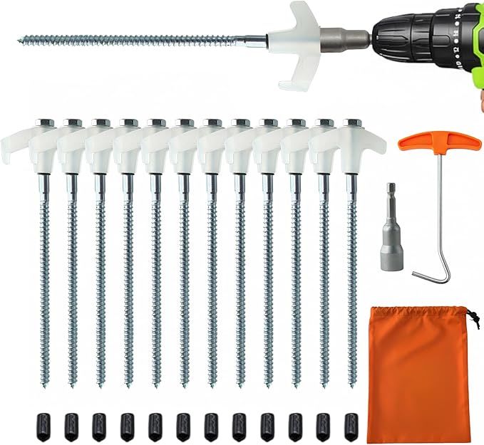 Screw in Tent Stakes Heavy Duty,8 Inch Ground Anchors Screw in,Metal Stakes with Hex Head Driver,Camping Tent Accessories (12, White)