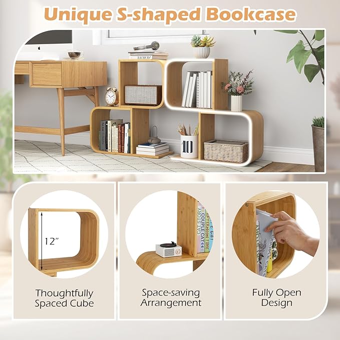 Giantex S-Shaped Bookcase Set of 2, 2-Tier Bamboo Bookshelf with 2 Open Cubes, Geometric Corner Display Shelf, Decorative Storage Organizer, Floor Storage Rack for Living Room, Home Office, Natural