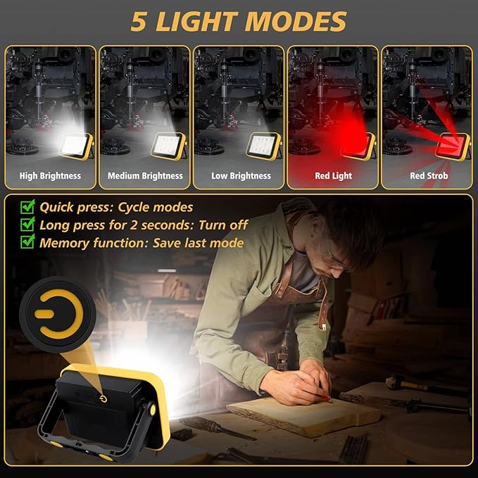 Rechargeable Flood Light with Tripod Hole, Portable COB Work Light Battery Operated, LED Work Lights Waterproof 180° Rotate for Job Site Garage Camping Car Repair, Gifts for Men