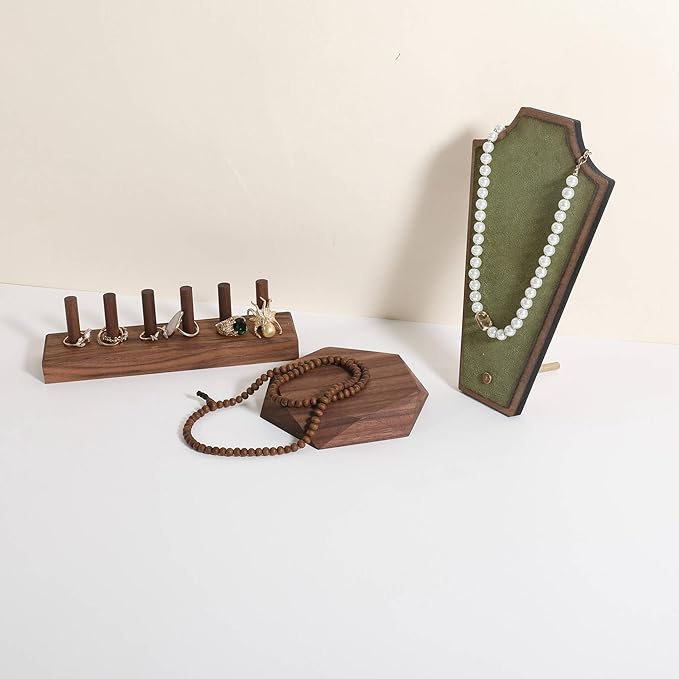GemeShou single Walnut Jewelry display Tray for selling, Wooden hexagon display riser for jewelry, Jewelry retail shop display stand, photography props【Walnut Hexagon single Large】