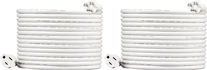 Amazon Basics Extension Cord, 13 Amps, 125V, 25 Foot, White - Pack of 2