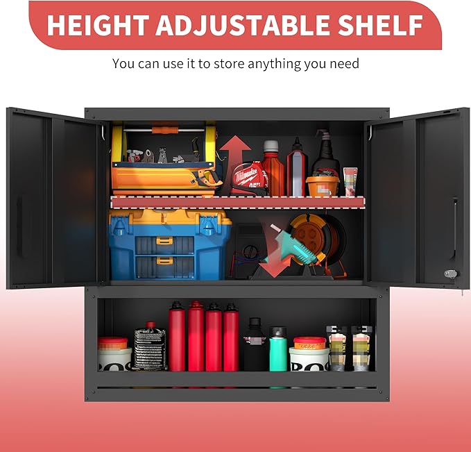 Garage Wall Cabinet Metal Storage Cabinet with Lock Wall Mounted Heavy Duty Steel Tool Cabinet with Door and Shelf Hanging Cabinet for Garage Warehouse Bathroom Kitchen,Assembly Required
