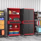 73" Metal Garage Storage Cabinet with Wheels， Rolling Tool Storage with Locking Doors， Adjustable Shelves and Drawer, Heavy Duty Steel Tool Cabinet for Garage, Warehouse, School(Red Black)