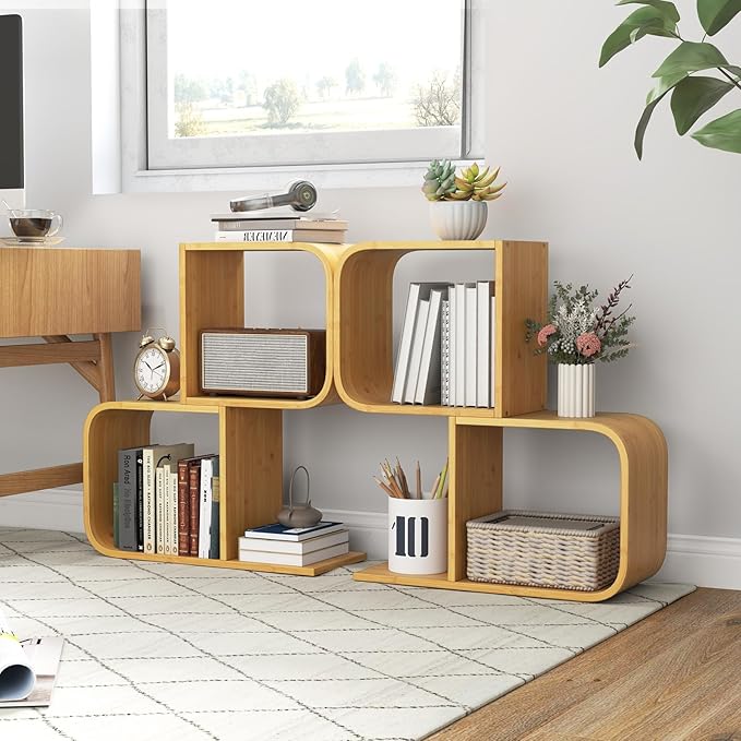 Giantex S-Shaped Bookcase Set of 2, 2-Tier Bamboo Bookshelf with 2 Open Cubes, Geometric Corner Display Shelf, Decorative Storage Organizer, Floor Storage Rack for Living Room, Home Office, Natural