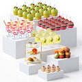 Leinuosen 7 Pcs Extra Large Buffet Risers Set 8" to 14" Acrylic Display Box Square Catering Dessert Table Riser Food Display Decorative Stand with Hollow Bottom for Catering Supplies(White)