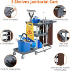 Commercial Janitorial Cart on Wheels, 3-Shelf Cleaning & Housekeeping Cart with Cover and Vinyl Bag for Hotels, Schools, and Business