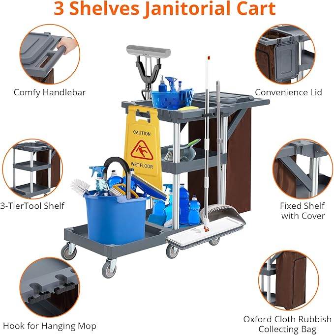Commercial Janitorial Cart on Wheels, 3-Shelf Cleaning & Housekeeping Cart with Cover and Vinyl Bag for Hotels, Schools, and Business