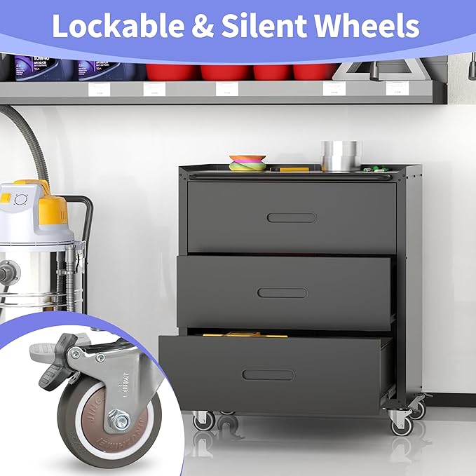 Metal Garage Storage Cabinet with Wheels, Lockable Rolling Tool Cabinet with 3 Drawers, Heavy Duty Mobile Steel Cabinet for Garage Warehouse Workshop