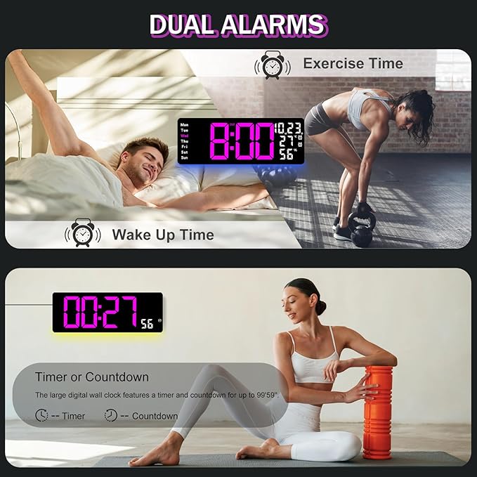 JoFomp 17.3" Large Digital Wall Clock, LED Digital Clock Large Display with Remote Control, Alarm Clock with Temp/DST/Dimmer/Humidity/Timer/Ambient Light - 12/24H, Alarm Wall Clock for Bedroom