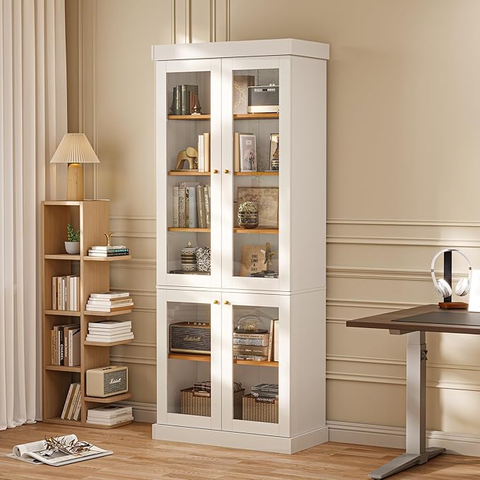 70.8" Tall Farmhouse Bookshelf, Modular Bookcase with Glass Doors, 6-Tier Adjustable Shelves, Large Storage Cabinet for Kitchen, Living Room, White, Set of 4