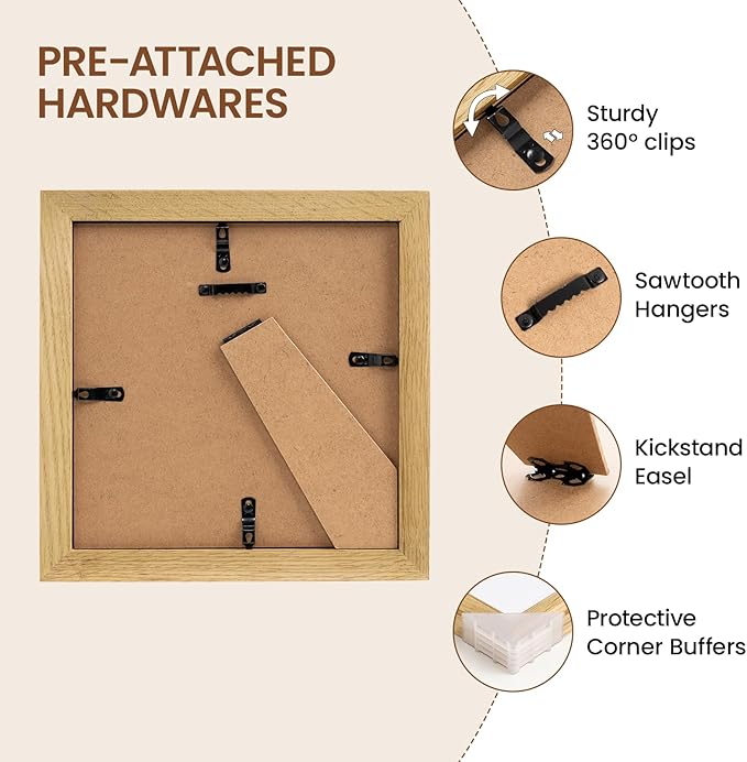 Natural Oak 8x8 Picture Frames Mat to 4x4 Picture Display Set of 3,Original Wood Handcrafted 8x8 Wooden Photo Frame with Tempered Glass Graduation Family Wedding Pictures Tabletop & Wall Decor