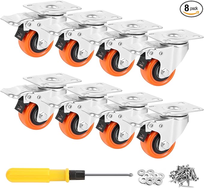 WBD 2" Plate Caster Wheels Set of 8, Heavy Duty Casters with Brake, 1200 Lbs, Safety Dual Locking, Industrial Swivel Top Plate Casters Wheels for Furniture, Carts (Screws and Screwdriver)