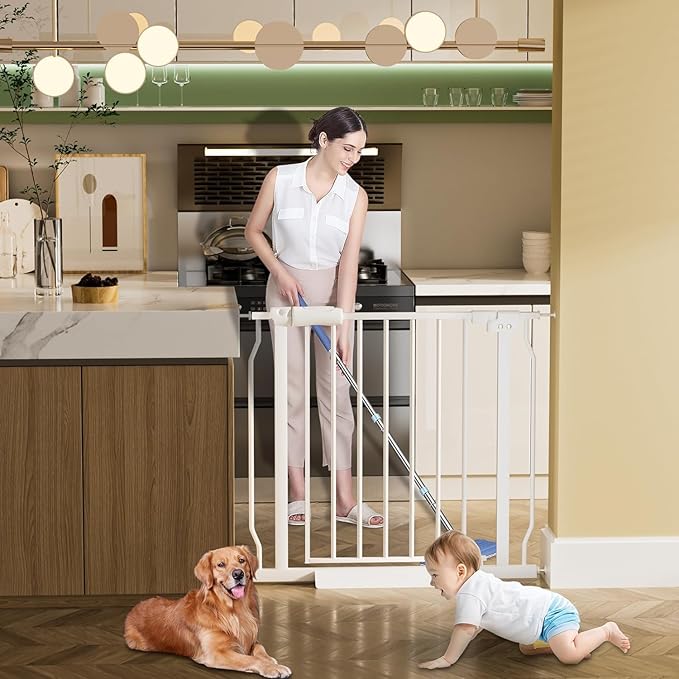 HOOEN Extra Wide Baby Gate for Doorways Stairs 76.38-86.3 Inch Large Long Pressure Mounted Dog Gates Indoor Walk Through Child Gates for Kids or Pets White Safety Gate (White, 76.38-86.3")