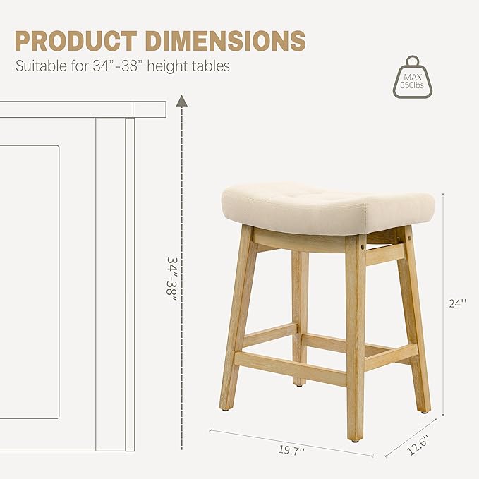 Counter Height Bar Stools Set of 6 for Kitchen Counter, Backless Farmhouse Kitchen Island Barstools with Upholstered Fabric Saddle Seat and Solid Wood Legs Modern 24 inch Bar Chairs, Khaki