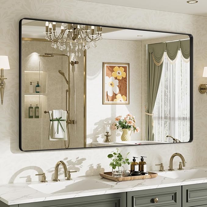 60X36 Black Bathroom Mirror for Over Sink, Metal Framed Vanity Mirror Wall Mounted, Rectangle Mirror for Bedroom Living Room Restroom Entryway, Anti-Rust, HD Tempered Glass