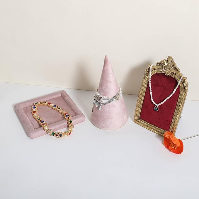 GemeShou Velvet bracelet display stand for selling, pink jewelry bangle holder with golden base, felt bracelet storage organizer for nightstand home decor【Bracelet holder-pink】